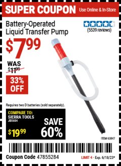 Harbor Freight Coupon BATTERY OPERATED LIQUID TRANSFER PUMP Lot No. 64124/63847 Expired: 6/18/23 - $7.99