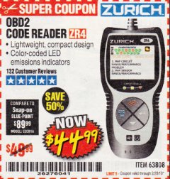 Harbor Freight Coupon ZURICH OBD2 CODE READER ZR4 Lot No. 63808 Expired: 2/28/19 - $44.99