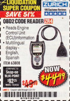 Harbor Freight Coupon ZURICH OBD2 CODE READER ZR4 Lot No. 63808 Expired: 5/31/19 - $44.99