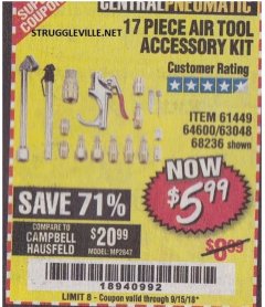 Harbor Freight Coupon 17 PIECE AIR TOOL ACCESSORY KIT Lot No. 63048/61449/64600/56713/68236 Expired: 9/15/18 - $5.99