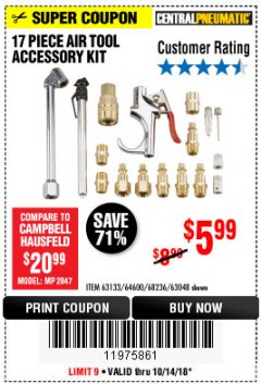 Harbor Freight Coupon 17 PIECE AIR TOOL ACCESSORY KIT Lot No. 63048/61449/64600/56713/68236 Expired: 10/14/18 - $5.99