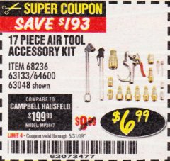 Harbor Freight Coupon 17 PIECE AIR TOOL ACCESSORY KIT Lot No. 63048/61449/64600/56713/68236 Expired: 5/31/19 - $6.99