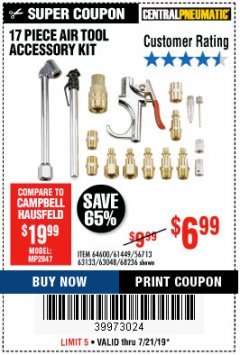 Harbor Freight Coupon 17 PIECE AIR TOOL ACCESSORY KIT Lot No. 63048/61449/64600/56713/68236 Expired: 7/21/19 - $6.99