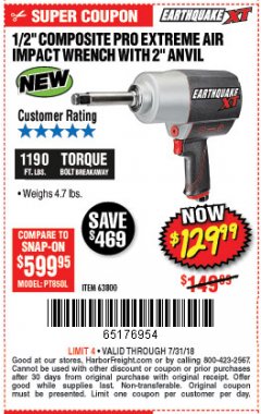 Harbor Freight Coupon EARTHQUAKE XT 1/2" PRO AIR IMPACT WRENCHES Lot No. 62891/63800 Expired: 7/31/18 - $129.99