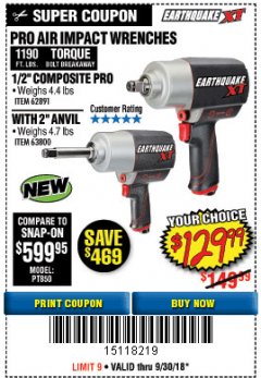 Harbor Freight Coupon EARTHQUAKE XT 1/2" PRO AIR IMPACT WRENCHES Lot No. 62891/63800 Expired: 9/30/18 - $129.99