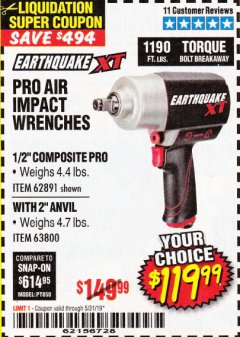 Harbor Freight Coupon EARTHQUAKE XT 1/2" PRO AIR IMPACT WRENCHES Lot No. 62891/63800 Expired: 5/31/19 - $119.99