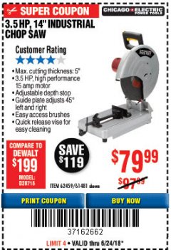 Harbor Freight Coupon 3-1/2 HP 14" INDUSTRIAL CUT-OFF SAW Lot No. 61481/68104/62459 Expired: 6/24/18 - $79.99