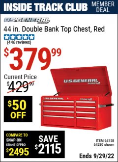 Harbor Freight ITC Coupon 44" DOUBLE BANK TOP CHESTS Lot No. 64438/64439/64440/64280/64293/64158/64435/64436/64437/64957/64958/64959 Dates Valid: 12/31/69 - 9/29/22 - $379.99