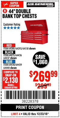 Harbor Freight Coupon 44" DOUBLE BANK TOP CHESTS Lot No. 64438/64439/64440/64280/64293/64158/64435/64436/64437/64957/64958/64959 Expired: 12/23/18 - $269.99