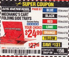 Harbor Freight Coupon MECHANIC'S CART FOLDING SIDE TRAYS Lot No. 64641/64642/62207/64725/64726/64724 Expired: 12/31/18 - $24.99