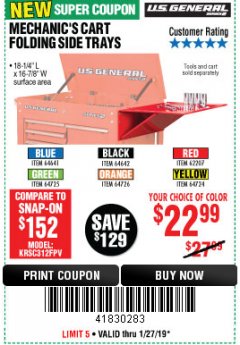Harbor Freight Coupon MECHANIC'S CART FOLDING SIDE TRAYS Lot No. 64641/64642/62207/64725/64726/64724 Expired: 1/27/19 - $22.99