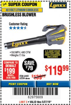 Harbor Freight Coupon LYNXX 40 VOLT LITHIUM CORDLESS BRUSHLESS BLOWER Lot No. 64481/63284/64716 Expired: 5/27/18 - $119.99