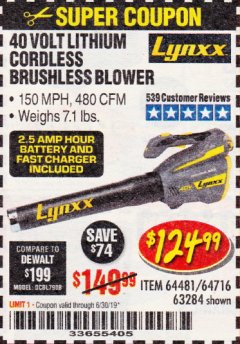 Harbor Freight Coupon LYNXX 40 VOLT LITHIUM CORDLESS BRUSHLESS BLOWER Lot No. 64481/63284/64716 Expired: 6/30/19 - $124.99