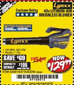 Harbor Freight Coupon LYNXX 40 VOLT LITHIUM CORDLESS BRUSHLESS BLOWER Lot No. 64481/63284/64716 Expired: 6/30/20 - $129.99