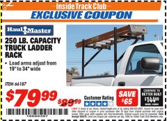 Harbor Freight ITC Coupon 250 LB. CAPACITY TRUCK LADDER RACK Lot No. 66187 Expired: 9/30/18 - $79.99