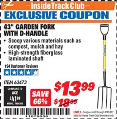Harbor Freight ITC Coupon 43" GARDEN FORK WITH D-HANDLE Lot No. 63473/69821 Expired: 6/30/20 - $13.99