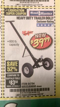 Harbor Freight Coupon HEAVY DUTY TRAILER DOLLY Lot No. 69898/37510/60533 Expired: 12/21/19 - $39.99