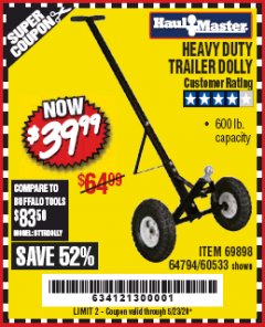 Harbor Freight Coupon HEAVY DUTY TRAILER DOLLY Lot No. 69898/37510/60533 Expired: 6/30/20 - $39.99