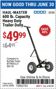 Harbor Freight Coupon HEAVY DUTY TRAILER DOLLY Lot No. 69898/37510/60533 Expired: 6/30/20 - $49.99