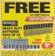 Harbor Freight FREE Coupon 24 PACK HEAVY DUTY BATTERIES Lot No. 61675/68382/61323/61677/68377/61273 Expired: 8/9/17 - FWP