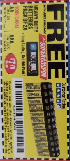 Harbor Freight FREE Coupon 24 PACK HEAVY DUTY BATTERIES Lot No. 61675/68382/61323/61677/68377/61273 Expired: 11/30/18 - FWP