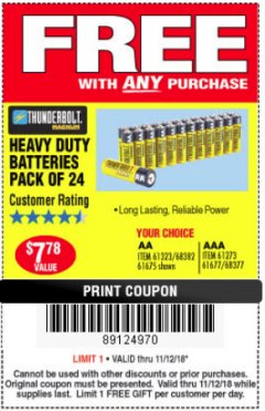 Harbor Freight FREE Coupon 24 PACK HEAVY DUTY BATTERIES Lot No. 61675/68382/61323/61677/68377/61273 Expired: 11/18/18 - FWP