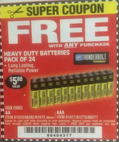 Harbor Freight FREE Coupon 24 PACK HEAVY DUTY BATTERIES Lot No. 61675/68382/61323/61677/68377/61273 Expired: 3/26/19 - FWP