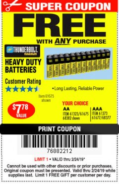 Harbor Freight FREE Coupon 24 PACK HEAVY DUTY BATTERIES Lot No. 61675/68382/61323/61677/68377/61273 Expired: 2/24/19 - FWP