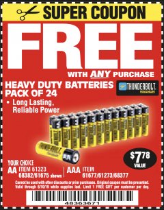 Harbor Freight FREE Coupon 24 PACK HEAVY DUTY BATTERIES Lot No. 61675/68382/61323/61677/68377/61273 Expired: 6/10/19 - FWP