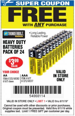 Harbor Freight FREE Coupon 24 PACK HEAVY DUTY BATTERIES Lot No. 61675/68382/61323/61677/68377/61273 Expired: 8/11/19 - FWP