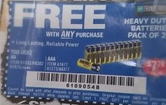 Harbor Freight FREE Coupon 24 PACK HEAVY DUTY BATTERIES Lot No. 61675/68382/61323/61677/68377/61273 Expired: 10/1/19 - FWP