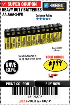 Harbor Freight Coupon 24 PACK HEAVY DUTY BATTERIES Lot No. 61675/68382/61323/61677/68377/61273 Expired: 9/16/18 - $1.99