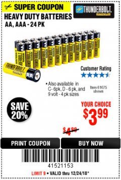 Harbor Freight Coupon 24 PACK HEAVY DUTY BATTERIES Lot No. 61675/68382/61323/61677/68377/61273 Expired: 12/24/18 - $3.99