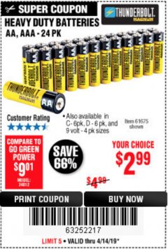 Harbor Freight Coupon 24 PACK HEAVY DUTY BATTERIES Lot No. 61675/68382/61323/61677/68377/61273 Expired: 4/14/19 - $2.99