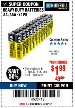 Harbor Freight Coupon 24 PACK HEAVY DUTY BATTERIES Lot No. 61675/68382/61323/61677/68377/61273 Expired: 6/30/19 - $1.99
