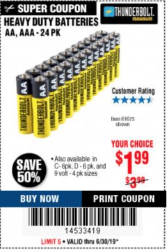 Harbor Freight Coupon 24 PACK HEAVY DUTY BATTERIES Lot No. 61675/68382/61323/61677/68377/61273 Expired: 6/30/19 - $1.99