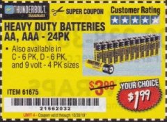 Harbor Freight Coupon 24 PACK HEAVY DUTY BATTERIES Lot No. 61675/68382/61323/61677/68377/61273 Expired: 9/30/19 - $1.99