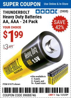 Harbor Freight Coupon 24 PACK HEAVY DUTY BATTERIES Lot No. 61675/68382/61323/61677/68377/61273 Expired: 12/3/20 - $1.99