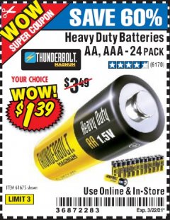 Harbor Freight Coupon 24 PACK HEAVY DUTY BATTERIES Lot No. 61675/68382/61323/61677/68377/61273 Expired: 3/22/21 - $1.39