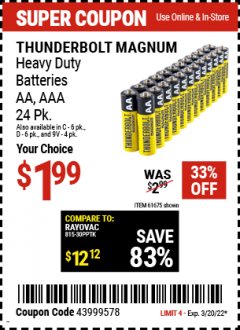Harbor Freight Coupon 24 PACK HEAVY DUTY BATTERIES Lot No. 61675/68382/61323/61677/68377/61273 Expired: 3/20/22 - $1.99