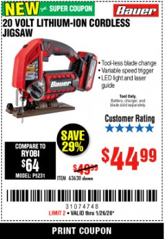 Harbor Freight Coupon 20 VOLT CORDLESS JIG SAW Lot No. 63630 Expired: 1/26/20 - $44.99