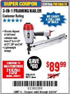 Harbor Freight Coupon 3-IN-1 FRAMING NAILER Lot No. 63455/64141/98751 Expired: 5/21/18 - $89.99