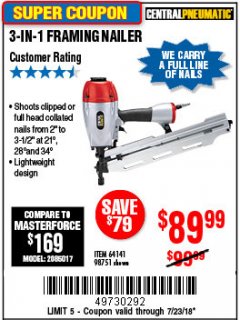 Harbor Freight Coupon 3-IN-1 FRAMING NAILER Lot No. 63455/64141/98751 Expired: 7/23/18 - $89.99