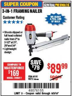 Harbor Freight Coupon 3-IN-1 FRAMING NAILER Lot No. 63455/64141/98751 Expired: 9/3/18 - $89.99