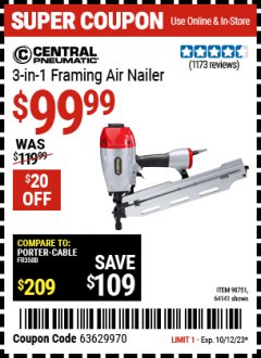 Harbor Freight Coupon 3-IN-1 FRAMING NAILER Lot No. 63455/64141/98751 Expired: 10/12/23 - $99.99
