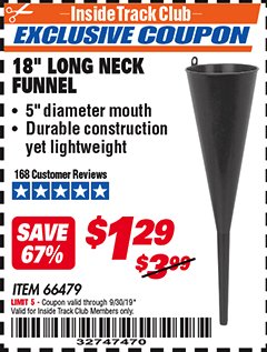 Harbor Freight ITC Coupon 18" LONG NECK BLACK FUNNEL Lot No. 66479 Expired: 9/30/19 - $1.29