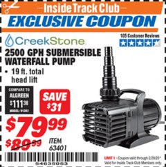 Harbor Freight ITC Coupon 2500 GPH SUBMERSIBLE WATERFALL PUMP Lot No. 63401 Expired: 2/29/20 - $79.99