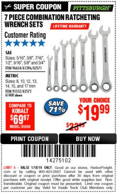Harbor Freight ITC Coupon 7 PIECE COMBINATION RATCHETING WRENCH SET Lot No. 62571 / 96654 / 61396 / 95552 / 62572 / 61400 Expired: 1/10/19 - $19.99
