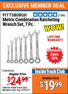 Harbor Freight ITC Coupon 7 PIECE COMBINATION RATCHETING WRENCH SET Lot No. 62571 / 96654 / 61396 / 95552 / 62572 / 61400 Expired: 3/25/21 - $19.99