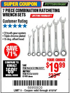 Harbor Freight Coupon 7 PIECE COMBINATION RATCHETING WRENCH SET Lot No. 62571 / 96654 / 61396 / 95552 / 62572 / 61400 Expired: 8/13/18 - $19.99